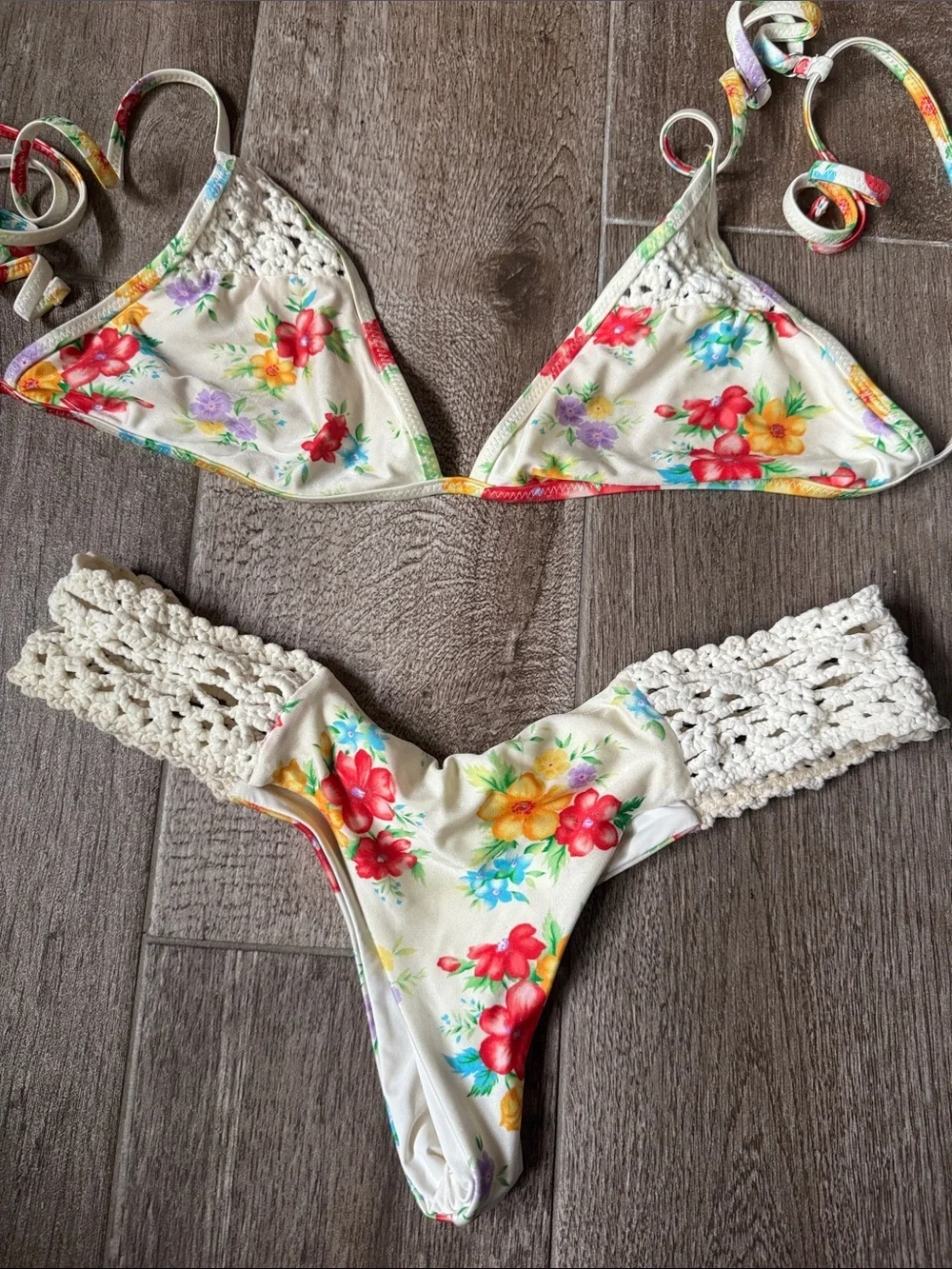 Frankie's Bikinis Cream Floral Crochet-Trim Triangle Bikini